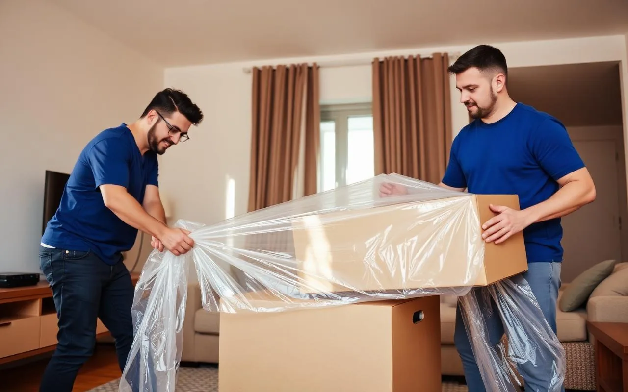 Profesyonel nakliyat ekibi mobilyaları balonlu naylon ile paketlerken