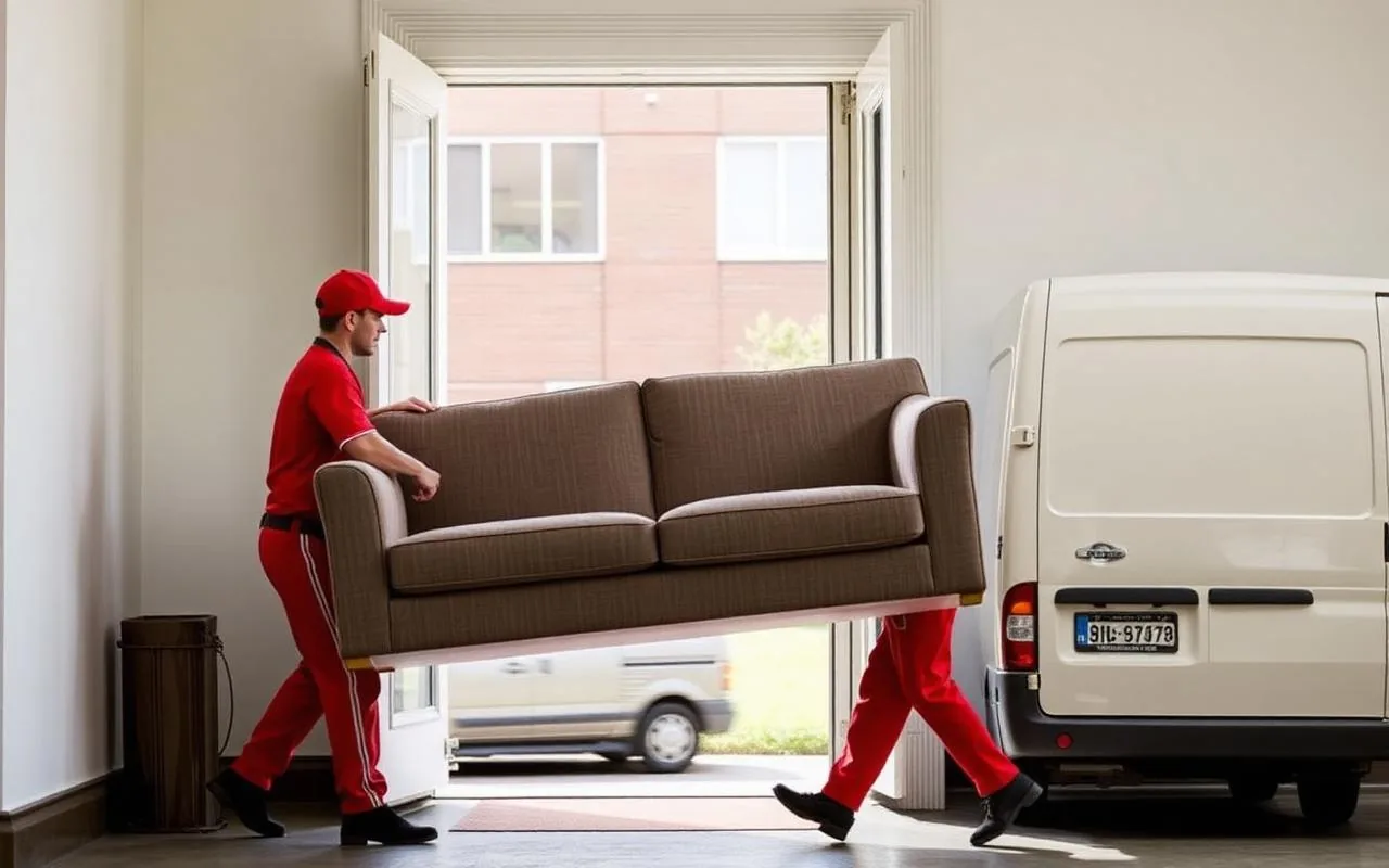 Nakliyat ekibi tek koltuğu apartmandan dışarı çıkarırken