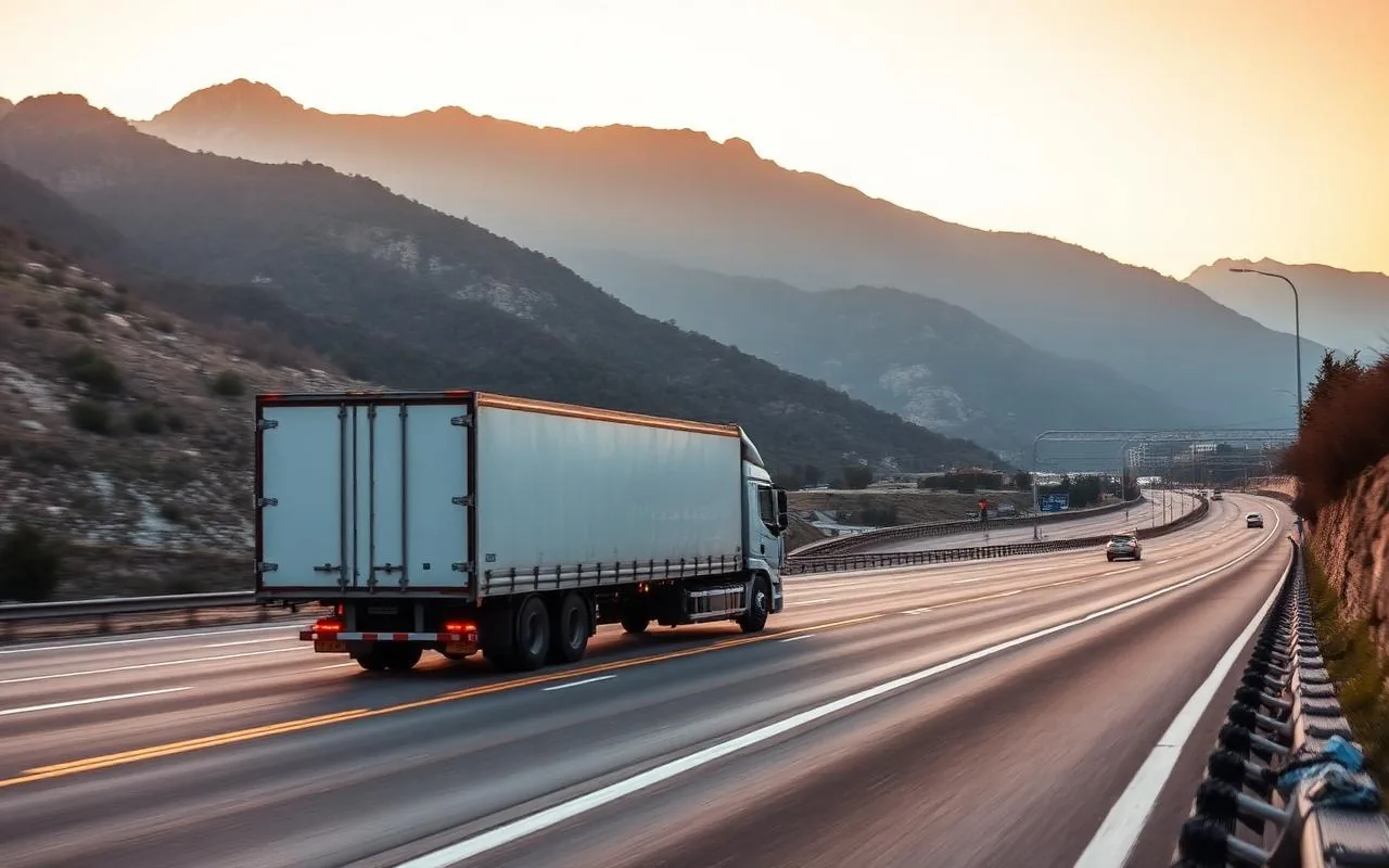 Şehirler arası nakliyat tırı Türkiye otoyolunda gün doğumunda